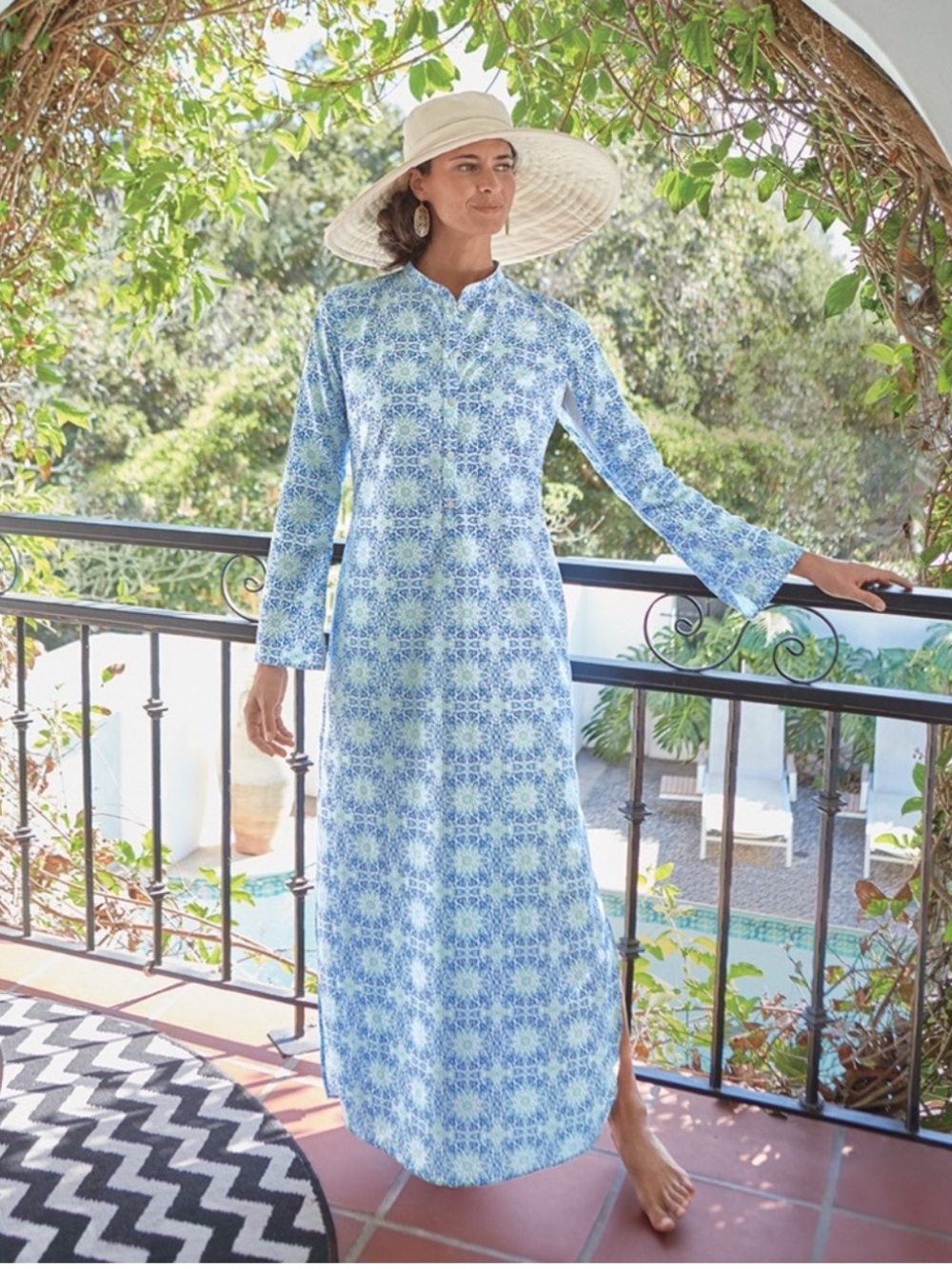 NEW SOLUMBRA by Sun Protections 100+ SPF Peri Blue Tile Kaftan Maxi Dress, XS